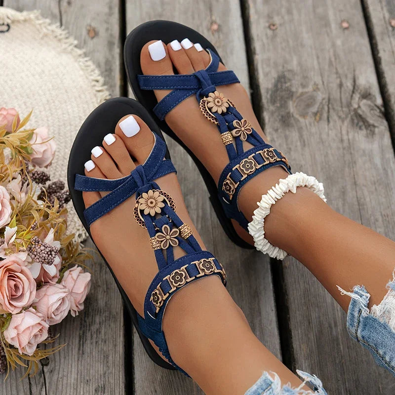 FBA Women's Flower Beaded Bohemian Flat Sandals | Roman Style Beach Shoes