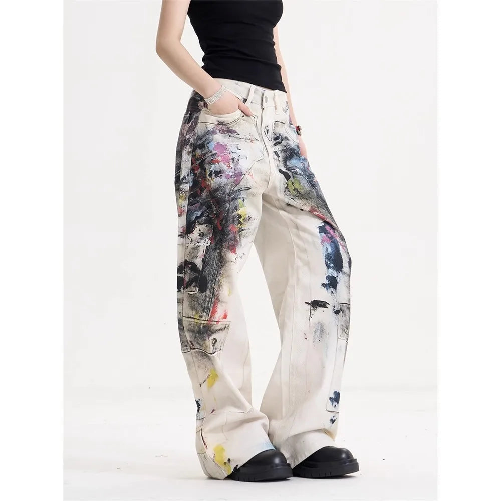 Women's Retro Graffiti Wide-Leg Jeans – High Street Hip Hop Loose Denim Pants | White | S–XXL | FBA Vibes