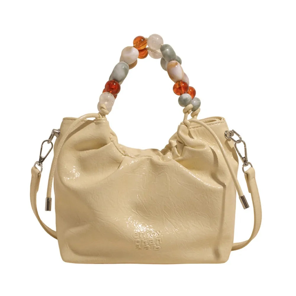 Beading Handle PU Shoulder Bag – Letter Print Korean Style Crossbody Tote