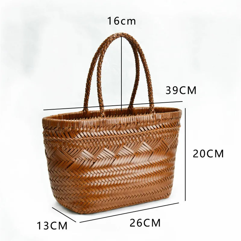 Vintage Hobo Manual Woven Genuine Leather Tote Bag – Hollow-Out Basket Shopping Bag for Women