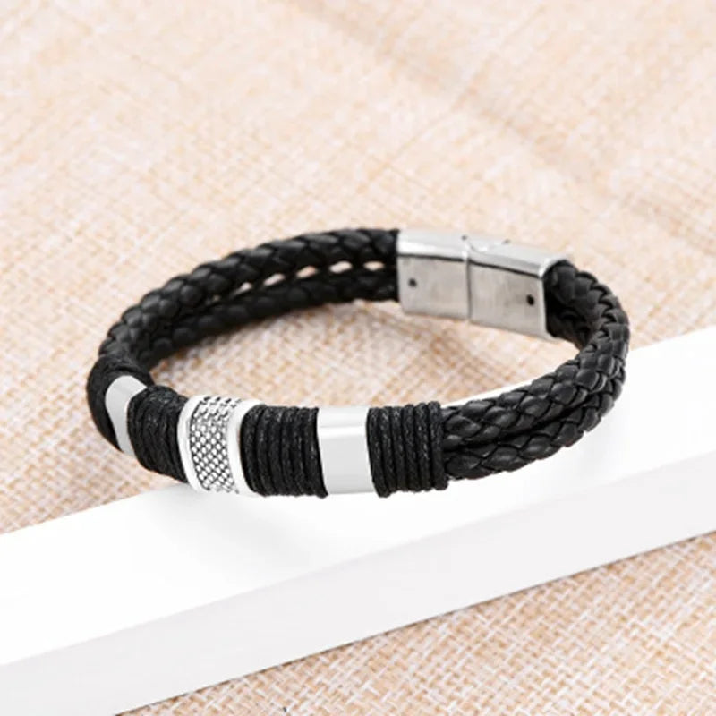 FBA Hip Hop Beaded Woven Leather Bracelet | Punk Charm Jewelry