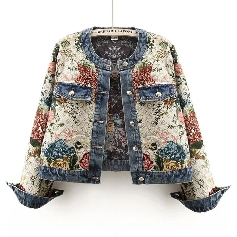 Women's Chinese Retro Jacquard Denim Jacket – Short Round Neck Temperament Coat | S–XXL | FBA Vibes