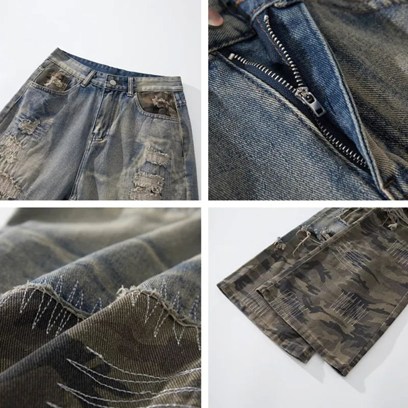 Men's American Retro Y2K Camouflage Patchwork Baggy Ripped Straight Leg Jeans – Vintage Blue Streetwear Denim | S–3XL | FBA Vibes