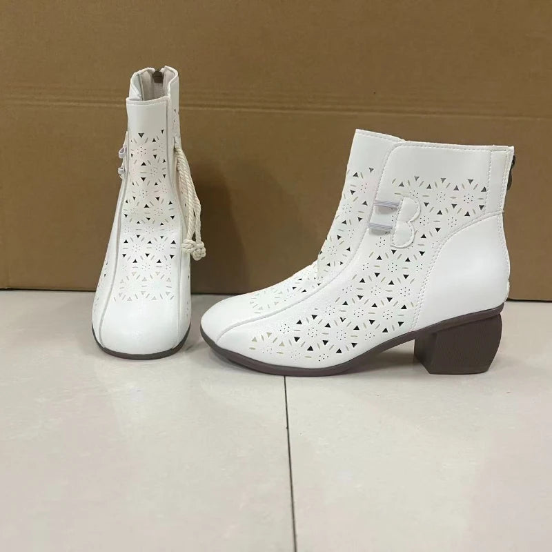 Women's Hollow-Out Ankle Boot — Square Heel, Round Toe, Zip-Up
