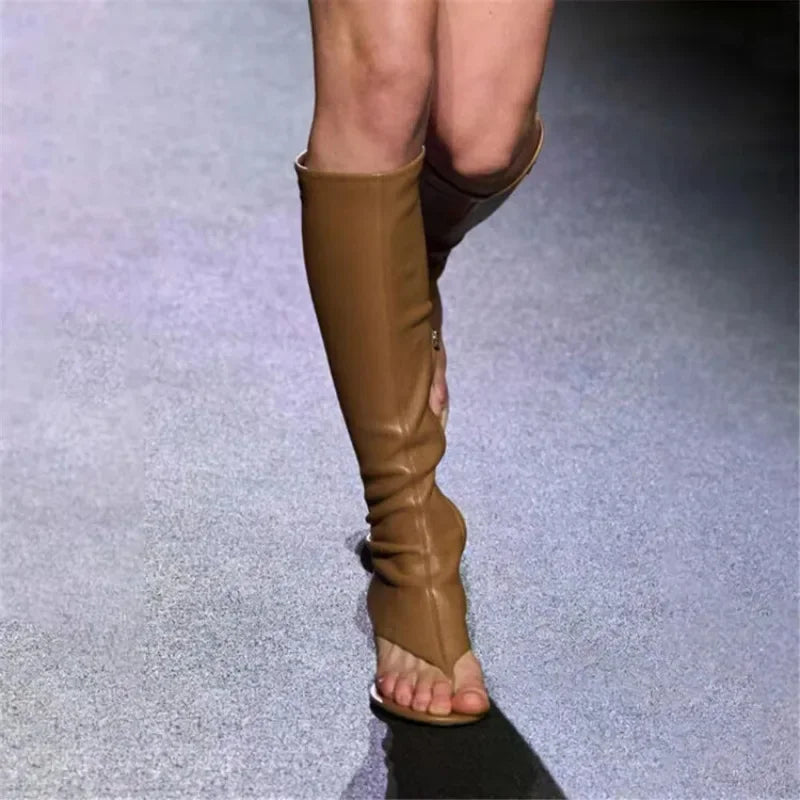 Women's Open Toe Knee-High Boot — Kitten Heel, Multi-Finish