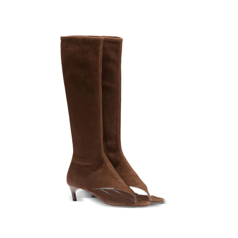 Women's Open Toe Knee-High Boot — Kitten Heel, Multi-Finish