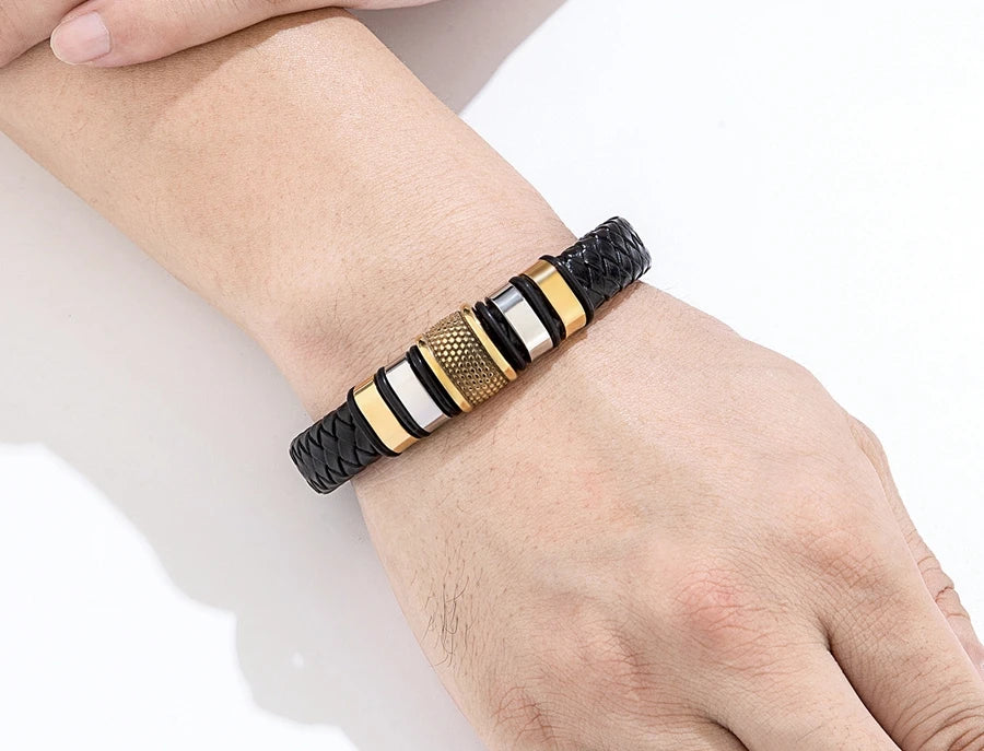 FBA Men's Stainless Steel Beaded Leather Rope Bracelet | Charm Jewelry Gift