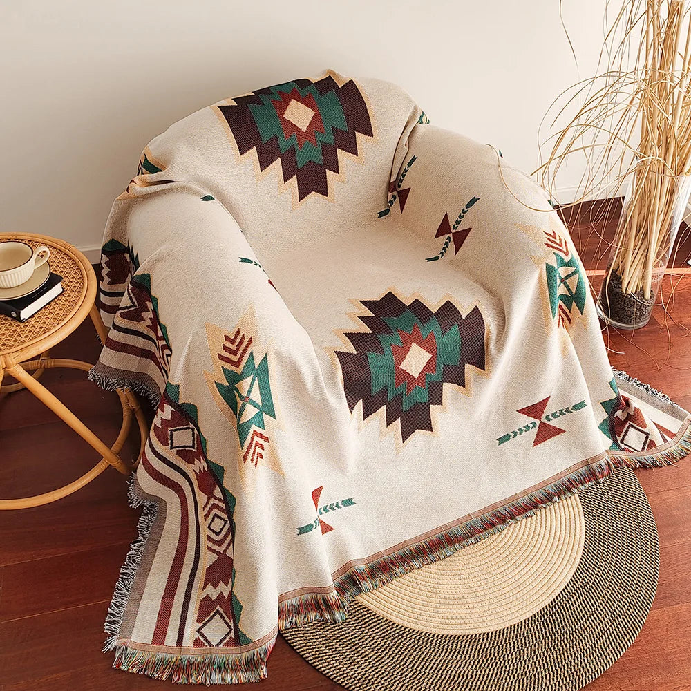 Aztec Boho Fringe Throw Blanket – Jacquard Woven | FBA Vibes