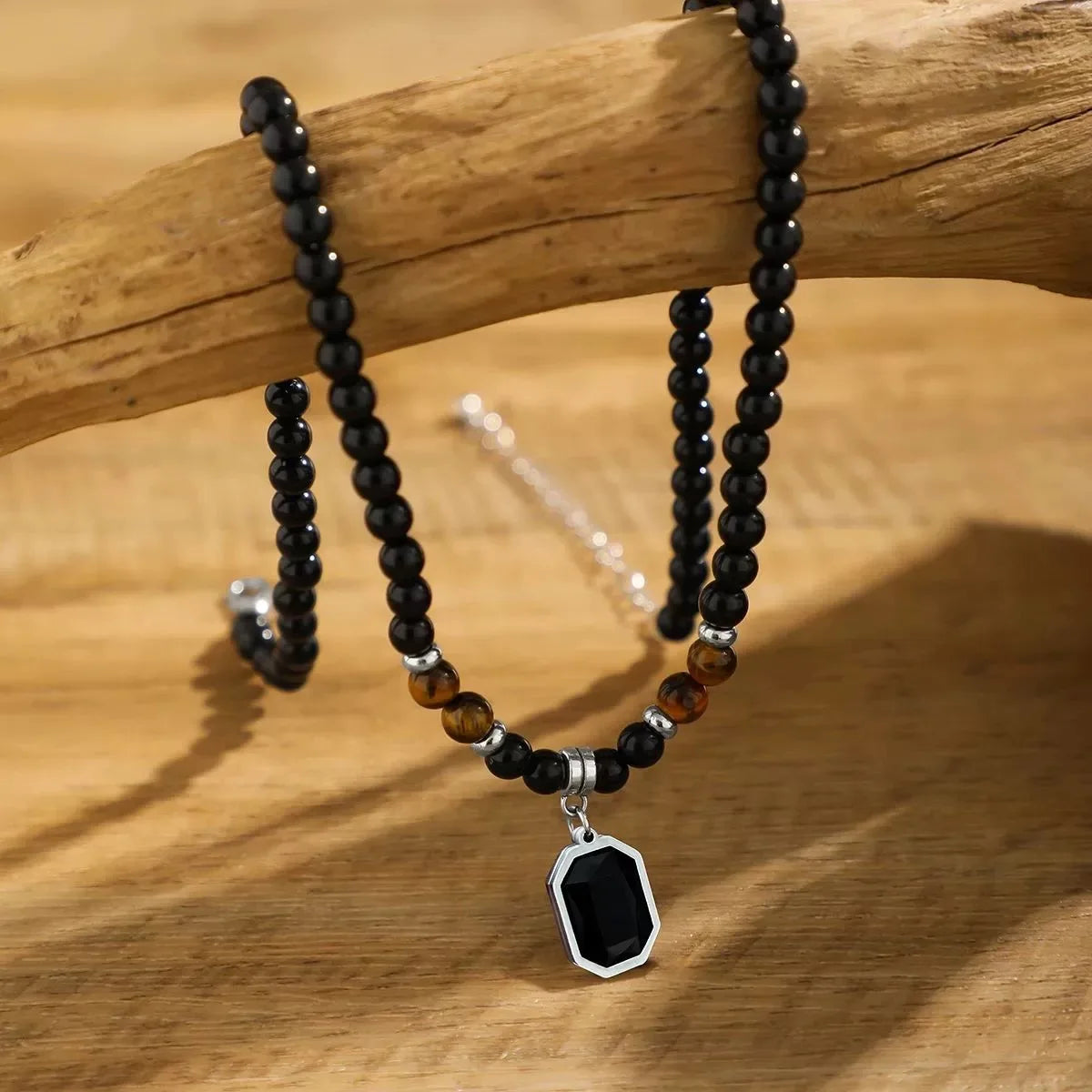 FBA Black Beads Square Pendant Necklace for Men | Fashion Jewelry