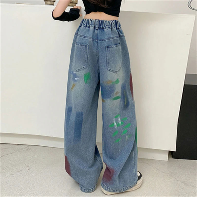 Kids' Hip Hop Graffiti Washed Blue Jeans – Girls & Boys Casual Straight Leg Denim Pants | Blue | Ages 5–14 | FBA Vibes
