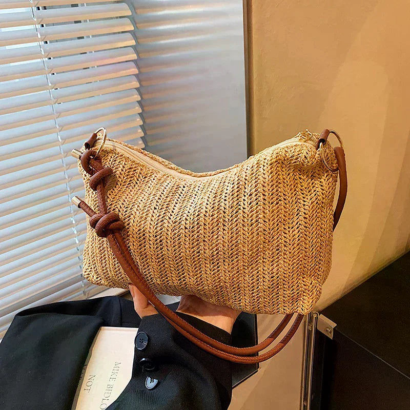 Striped Woven Straw Tote Bag with Zip Closure & Coin Purse – Lightweight Beach Vacation Bag