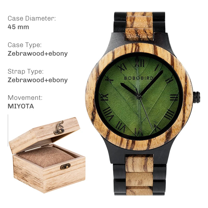 FBA Men's BOBO BIRD Genuine Leaf Wood Watch | Handmade Luxury Wooden Wristwatch