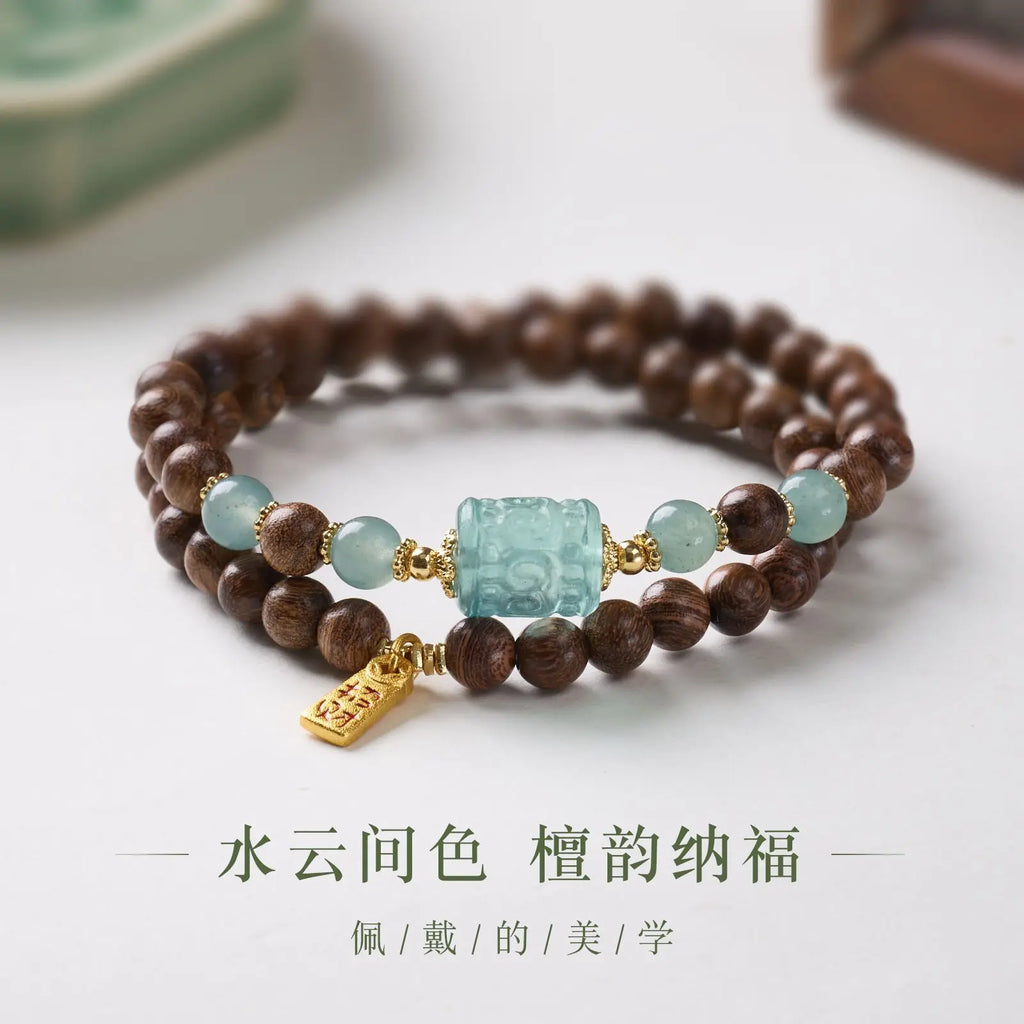 FBA Sandalwood Blue Chalcedony Double Wrap Bracelet | Chinese Lucky Jewelry