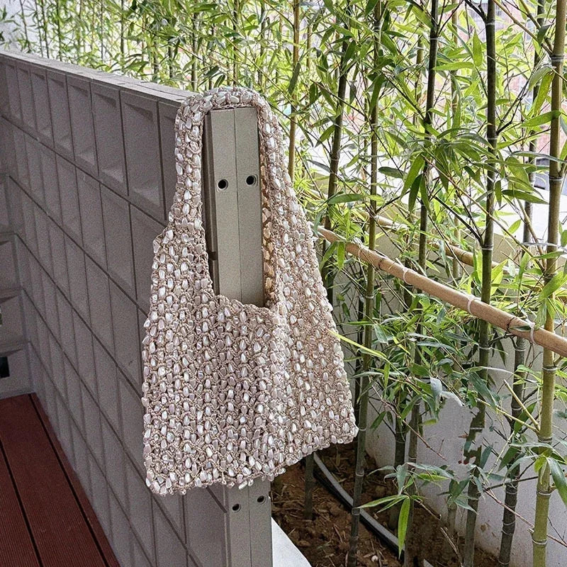 Handmade Plush Knitted Hollow Weave Tote Bag – Korean Style Casual Shoulder Bag for Women & Teens