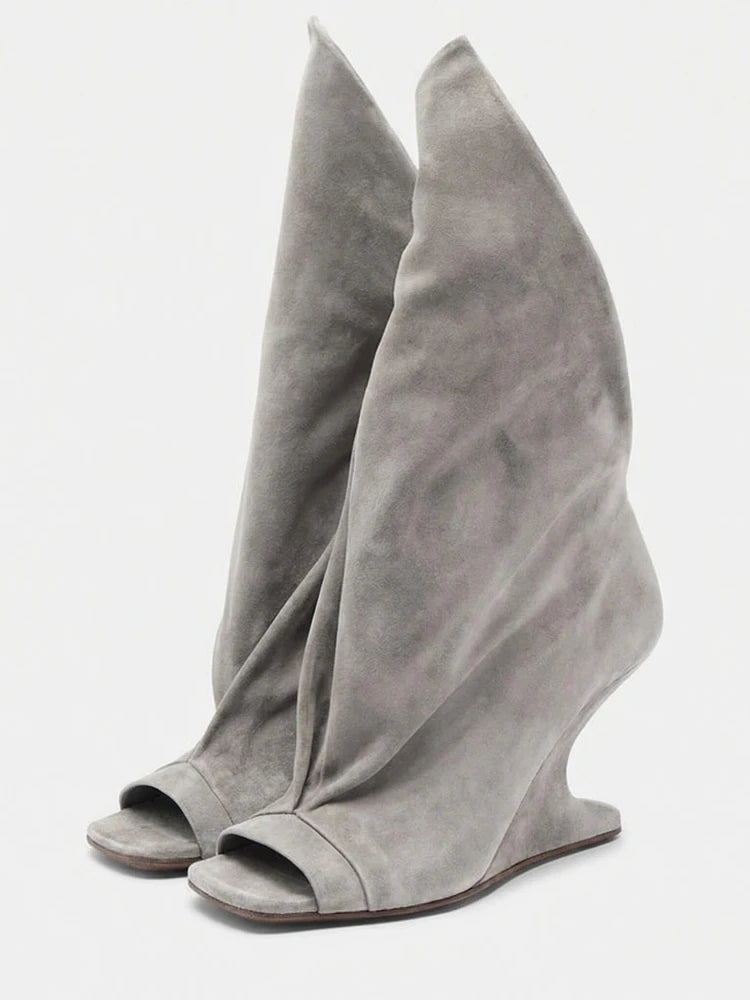 Women's Peep Toe Wedge Boot — Cross Strap, High Heel, Mid-Calf