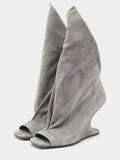 Women's Peep Toe Wedge Boot — Cross Strap, High Heel, Mid-Calf