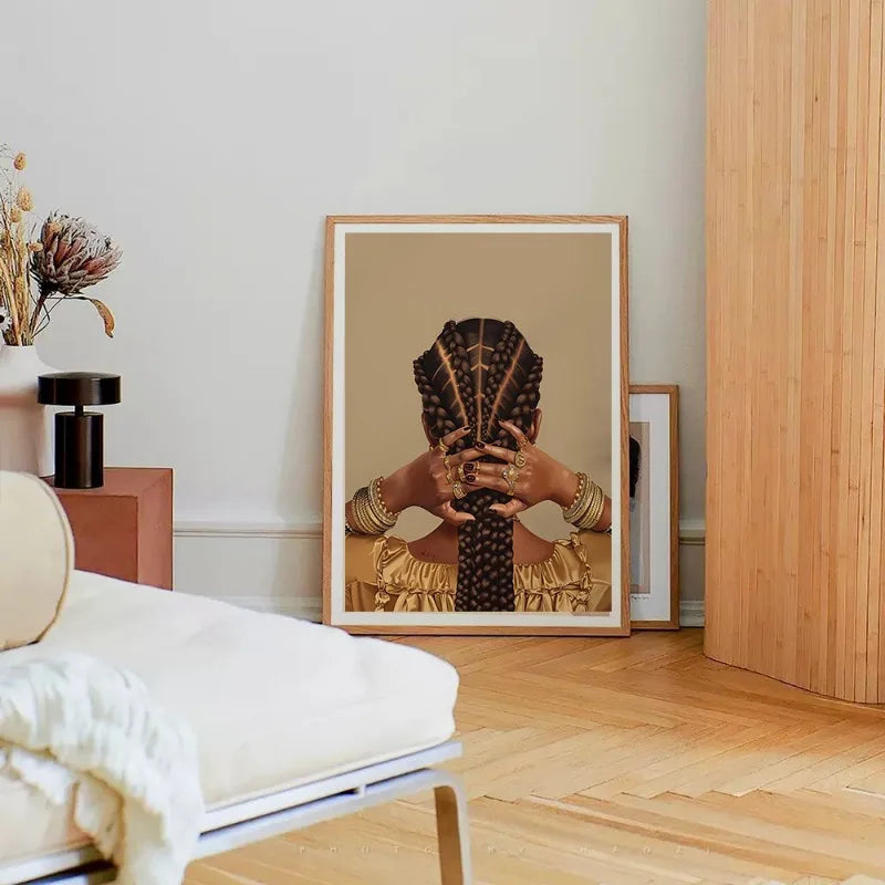 Black Woman Canvas Print | Cool Girl Hairstyle & Gold Jewelry Afro Wall Art