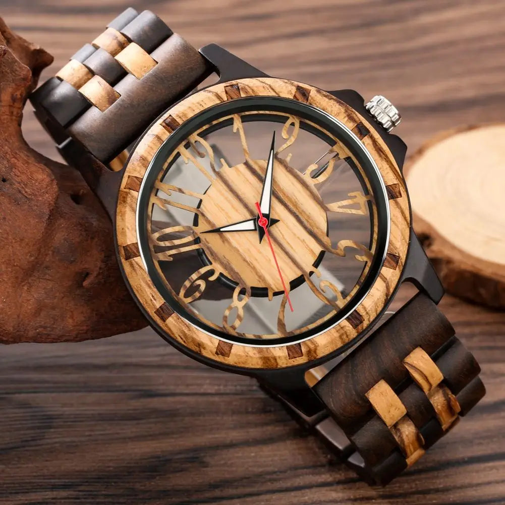 FBA Men's Skeleton Hollowed-Out Wood Watch | Transparent Dial Quartz Wristwatch