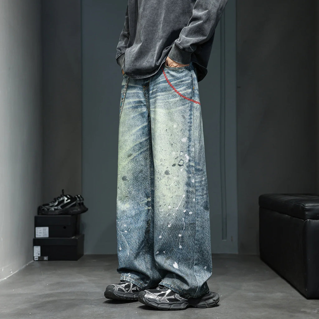 Men's American Retro Washed Distressed High Waist Straight Leg Loose Jeans – Chain Print Streetwear Denim | S–XXL | FBA Vibes