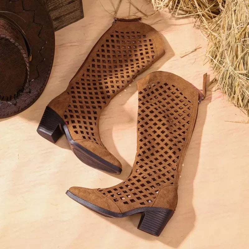 Women's Western Cowboy Hollow Cutout Chunky Heel Mid-Calf Boot | FBA Vibes