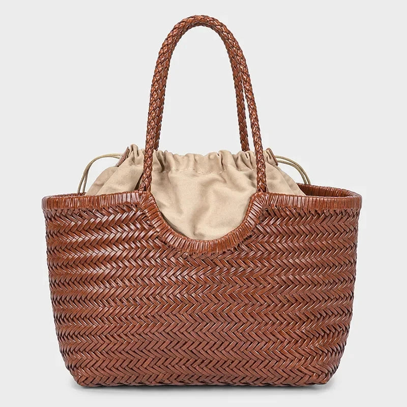 French Hand-Woven Genuine Leather Tote Bag – Large Vegetable Basket Shoulder & Underarm Bag