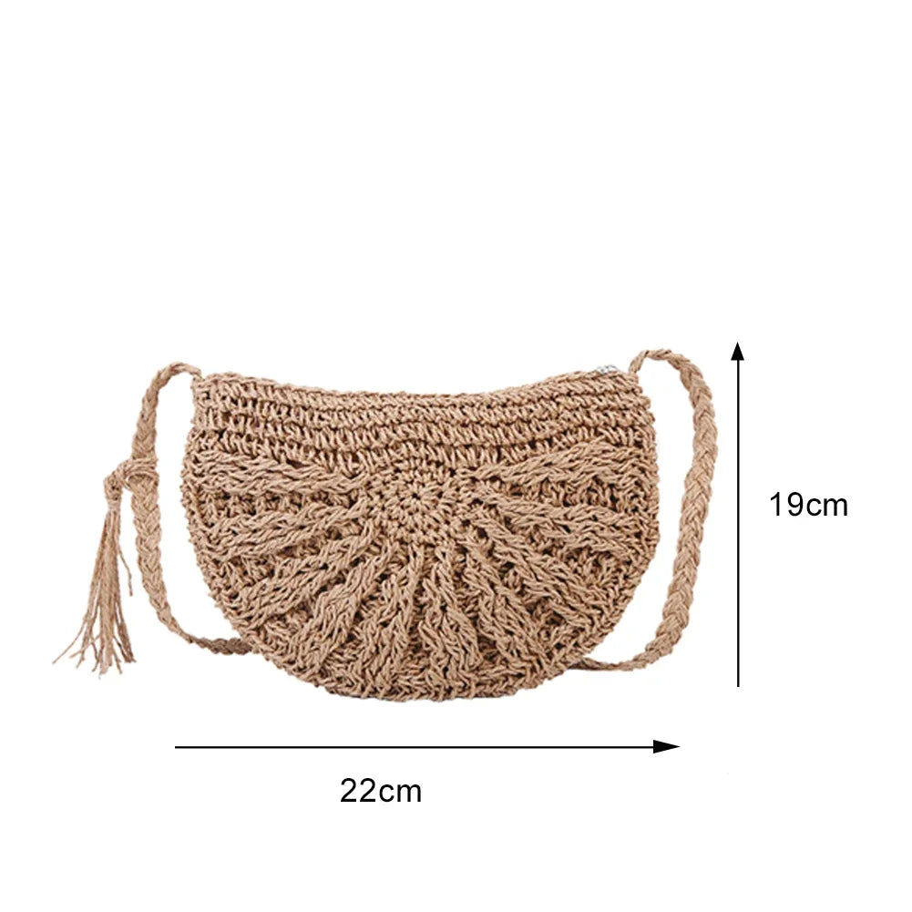 Women's Round Straw Woven Tote Bag – Large Capacity Ethnic Style Vacation Shoulder Handbag