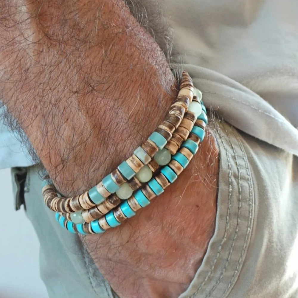 FBA Bohemian Blue Coconut Bead Men's Bracelet | Retro Party Jewelry