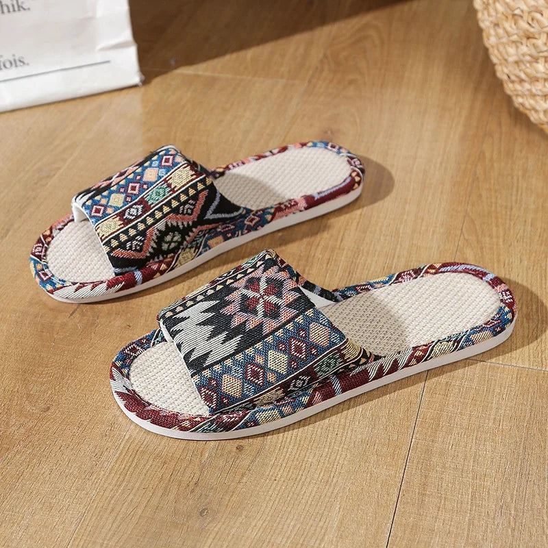 FBA Ethnic Linen Flip Flops | Unisex Retro Beach Sandals