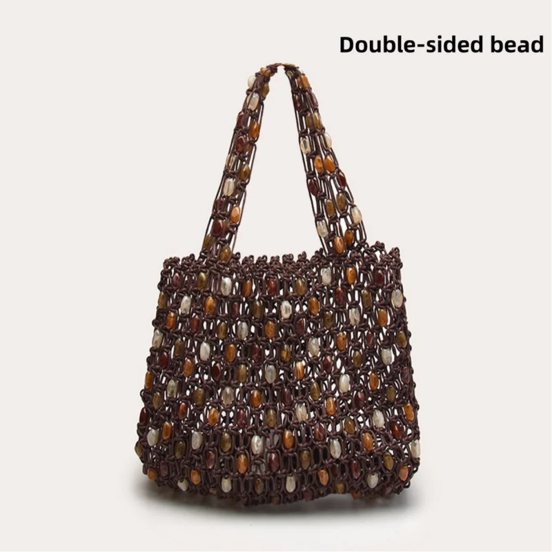 Hand-Woven Beaded Tote Bag with Wooden Handle – Boho Hollow-Out Knitted Beach Handbag