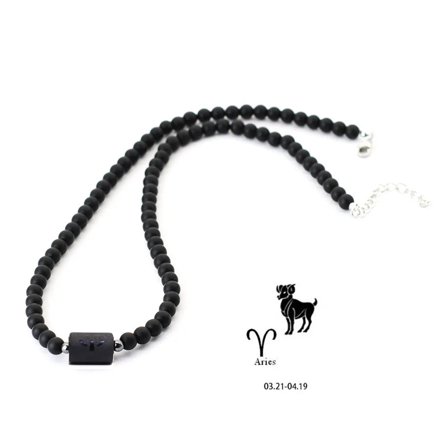 FBA 12 Constellations Black Onyx Beaded Necklace | Men's Jewelry