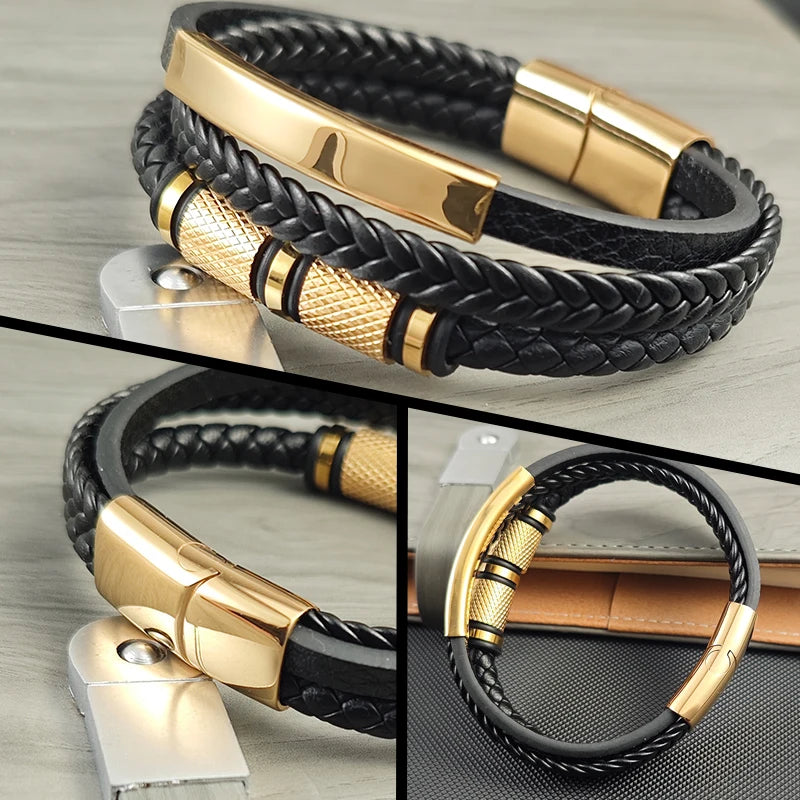 FBA Gold Beads Magnetic Leather Wrapped Bracelet | Men's Charm Jewelry