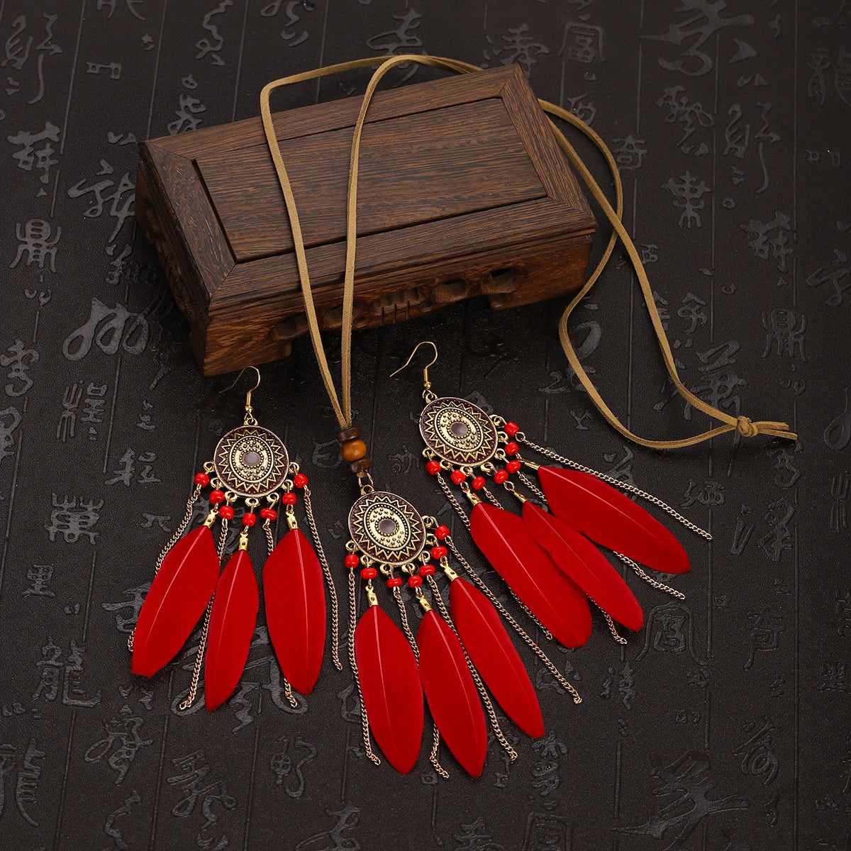 FBA Feather Necklace & Earring Set | Boho Tassel Jewelry