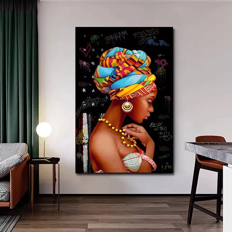 Black Woman Abstract Floral Portrait Canvas Print | Colorful Wall Art for Living Room