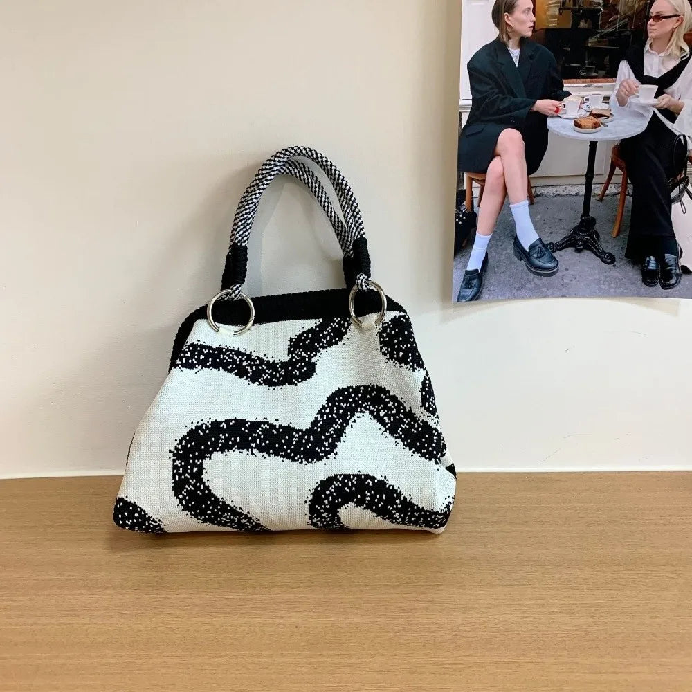 Portable Knitted Canvas Tote Bag – Reusable Large Capacity Woven Shopping Bucket Bag