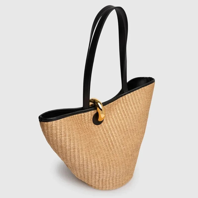 Handmade Straw Woven Bucket Bag for Women – Seaside Beach Tote & Shopping Basket Handbag