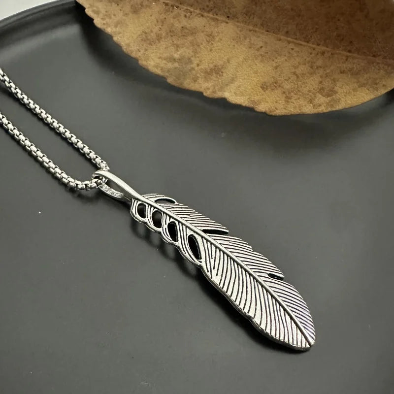 FBA Feather Print Stainless Steel Pendant Necklace | Street Style Jewelry