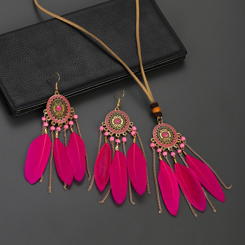 FBA Feather Necklace & Earring Set | Boho Tassel Jewelry