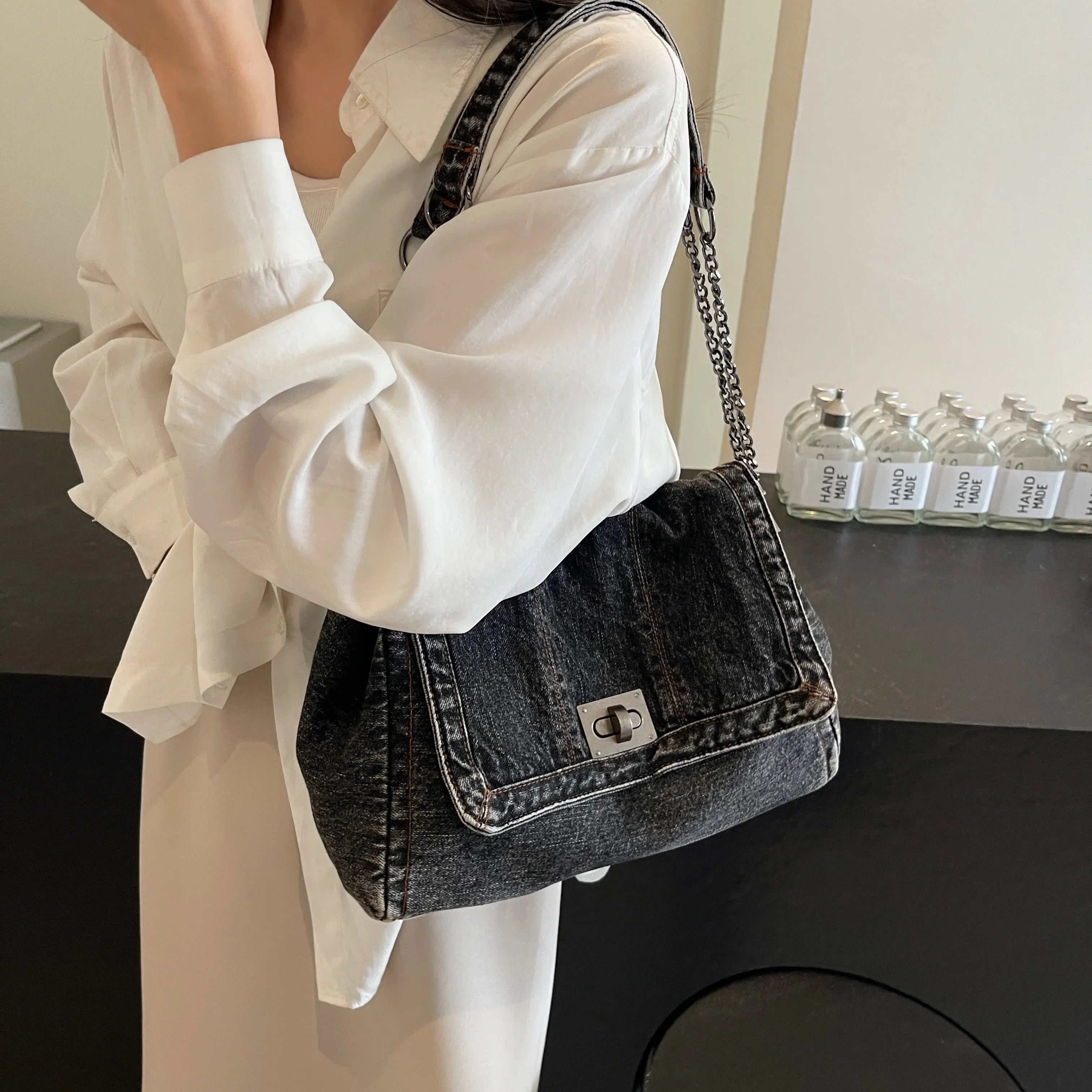 Women's Denim Tote Bag – Large Capacity Casual Commuter Shoulder & Crossbody Bag