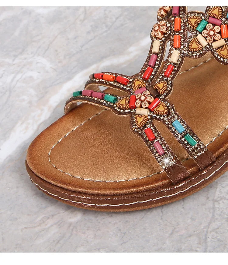 FBA Women's Rhinestone Bohemian Hollow Flat Sandals | Summer Casual Shoes