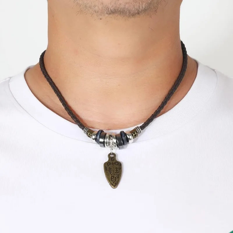 FBA Boho Braided Leather Beaded Necklace | Tribal Charm Pendant Jewelry