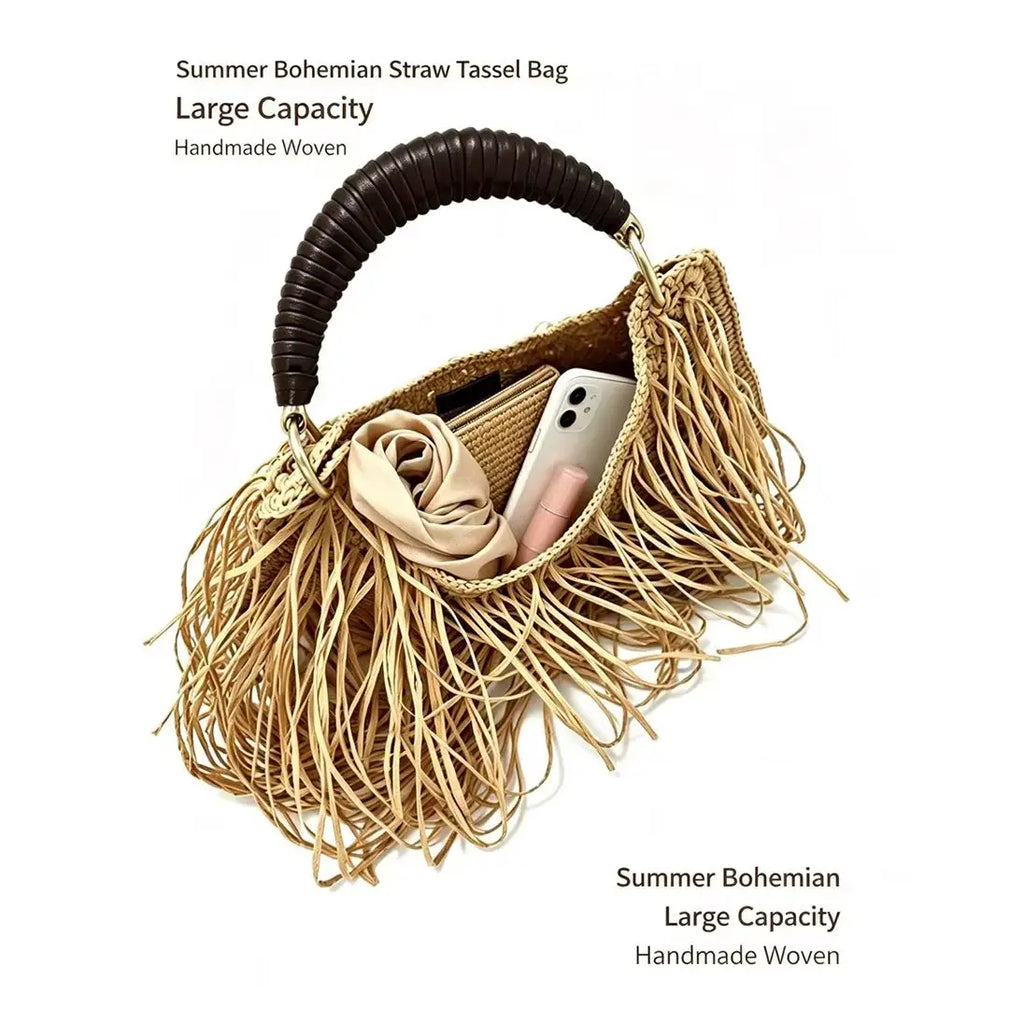 Pure Hand-Woven Straw Fringe Shoulder Bag for Women – Ethnic Holiday Half Moon Tote