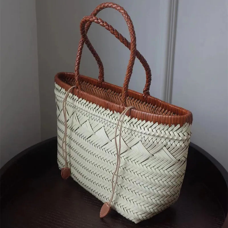 Vintage Hobo Manual Woven Genuine Leather Tote Bag – Hollow-Out Basket Shopping Bag for Women