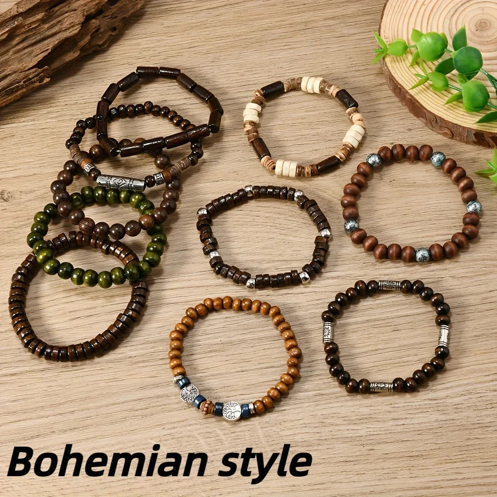 FBA 10-Piece Ethnic Wooden Beaded Bracelet Set | Boho Men's Jewelry