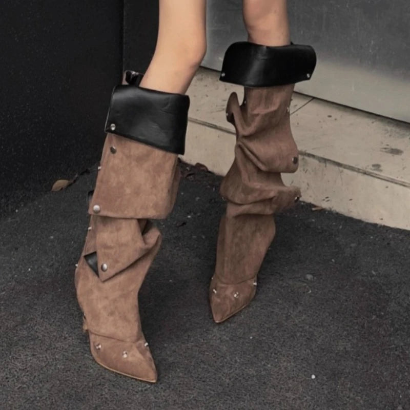 Women's Pleated PU Knee-High Knight Boot with Stiletto Heel