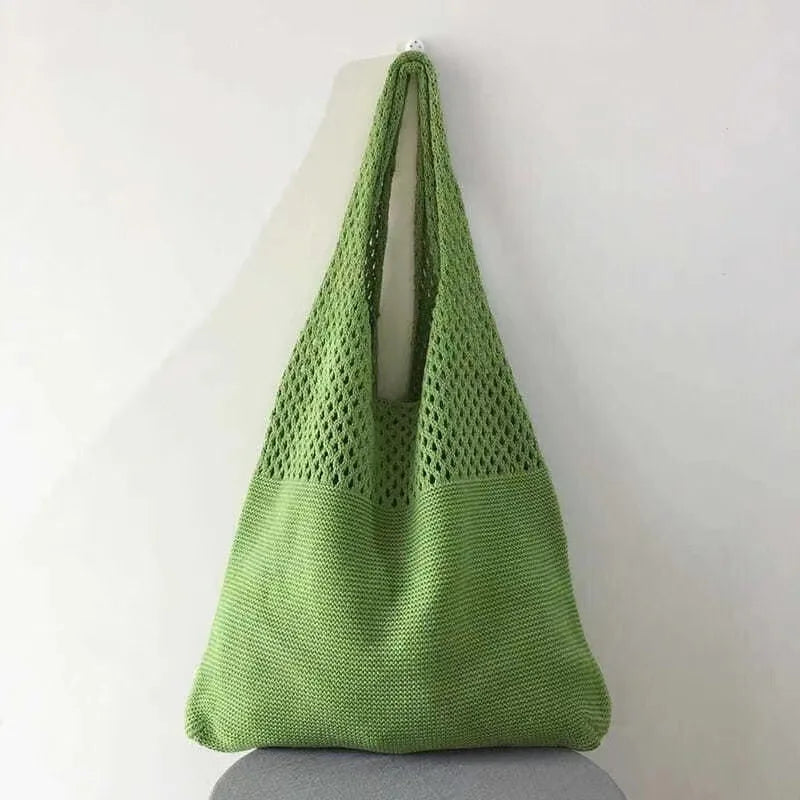Women's Bohemian Knit Openwork Nylon Tote Bag – Casual Beach Shoulder Bag for Outings & Trips
