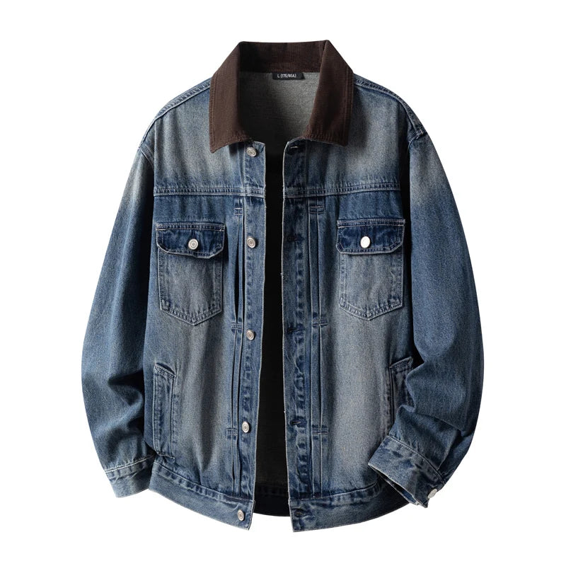 Men's American Retro Loose Lapel Denim Jacket – Workwear Motorcycle Coat | Retro Blue & Sky Blue | M–XXXL | FBA Vibes