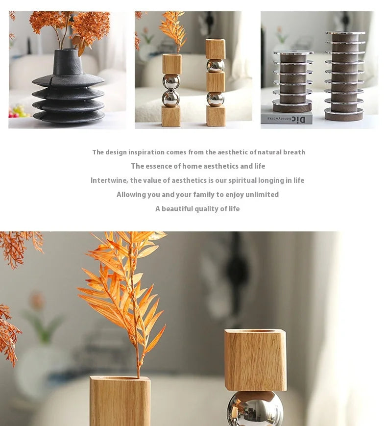 Nordic Geometric Wood & Metal Flower Vase | Luxury Artistic Home Decor