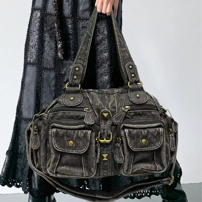 Fashionable Denim Tote Bag for Women – Retro Crossbody Shoulder & Travel Bag