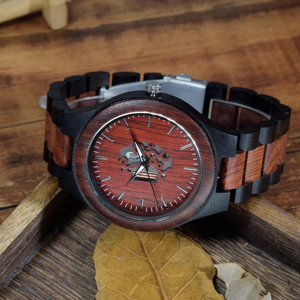 FBA Men's Zebra Wood Hollow-Out Watch | Luminous Vintage Quartz Wristwatch