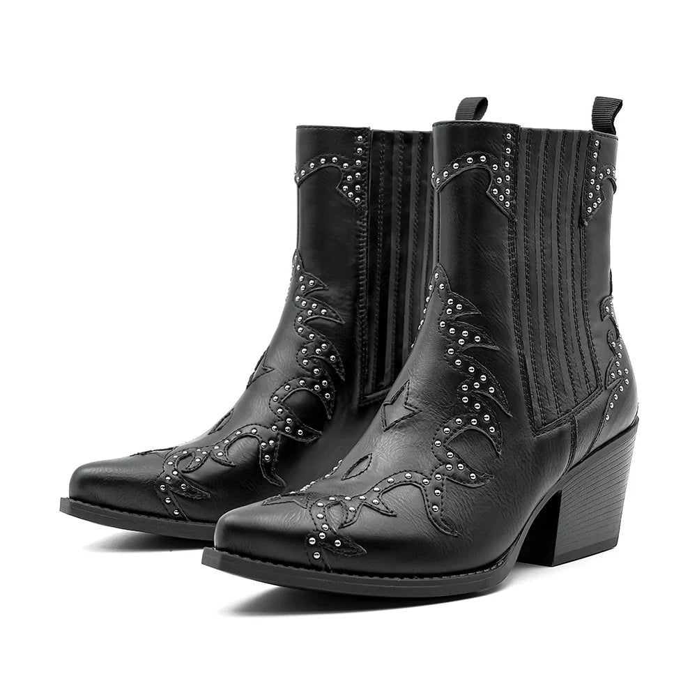 Women's Embroidered Western Cowgirl Pull-On Block Heel Ankle Boot | FBA Vibes